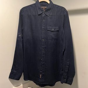 Michael Kors Navy 100% Linen Men’s Button Down